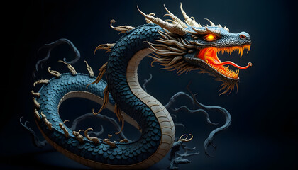Fototapeta premium Fierce Chinese dragon with fiery eyes and mouth, intricate scales and gold accents