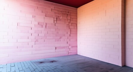 Minimalist interior design, pink ombre wall, hanging string lights, industrial window, wooden floor, modern art installation, abstract wall decor, empty room, serene atmosphere, soft lighting, geometr