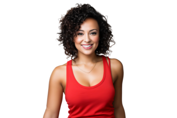 Portrait of a smiling woman wearing workout clothes, isolated on white background