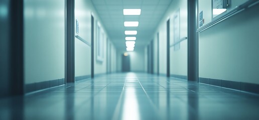 A perspective view of a sterile hallway in a clinical or hospital setting.