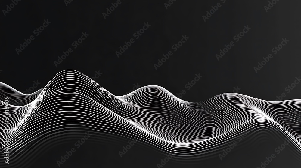 Poster abstract grayscale waves on dark background.