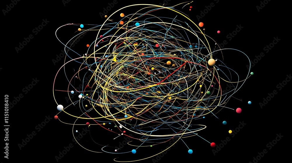 Poster abstract colorful tangled lines and spheres on black background.