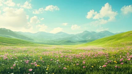 Obraz premium Nature Spring Countryside Landscape,Green Field,Cloud,Summer Sky,Natural Horizon rural scene with green meadow and flower on hills in Sunny day,Banner for Eater, Environment day background 