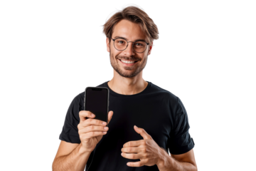 Young handsome man wearing eyeglasses and holding a smartphone, smiling nicely