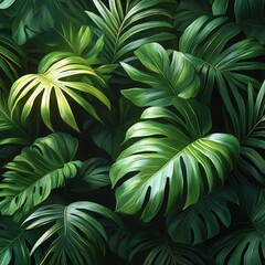Lush green tropical leaves, vibrant texture.