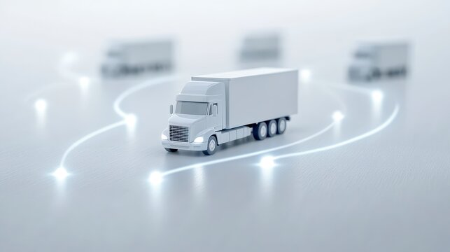 A stylized truck model is surrounded by glowing lines, suggesting movement and connectivity in logistics or transportation.
