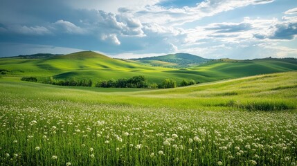 Obraz premium Nature Spring Countryside Landscape,Green Field,Cloud,Summer Sky,Natural Horizon rural scene with green meadow and flower on hills in Sunny day,Banner for Eater, Environment day background 