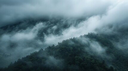Fototapeta premium Fog and dark clouds in mountains.