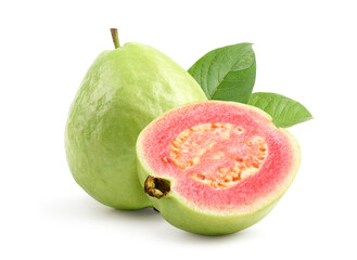 Red guava with cut in half isolated on white background. Clipping path.