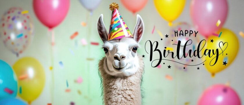 Happy Birthday Llama with Balloons and Confetti Celebration