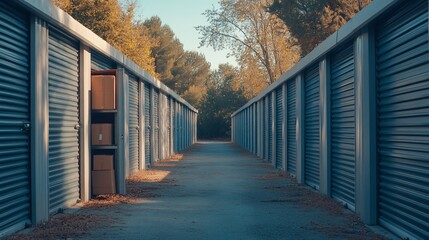 A row of storage units with open doors, showcasing organized boxes and a pathway.