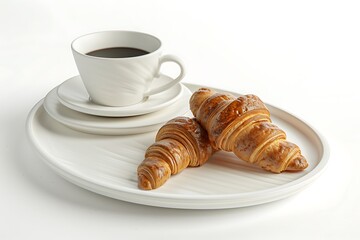 Coffee and croissants on a white wooden background.