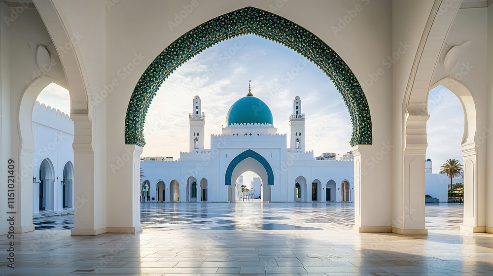 Poster a serene view of an architectural structure with a dome and arches.