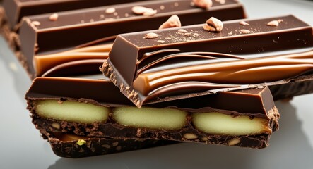 Dark chocolate bars, creamy pistachio filling, cocoa nibs, rich texture, extreme close-up, food photography, decadent dessert, gourmet confectionery, macro shot, glossy chocolate surface, nutty accent