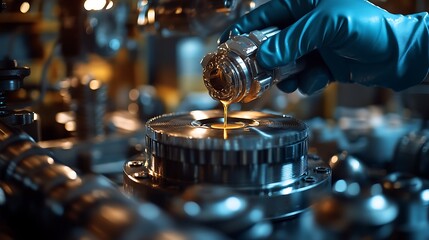 Close-up view of a lubricant applicator depositing oil onto a rotating engine component, gloved hand guiding the process, intricate mechanical details catching workshop lighting,