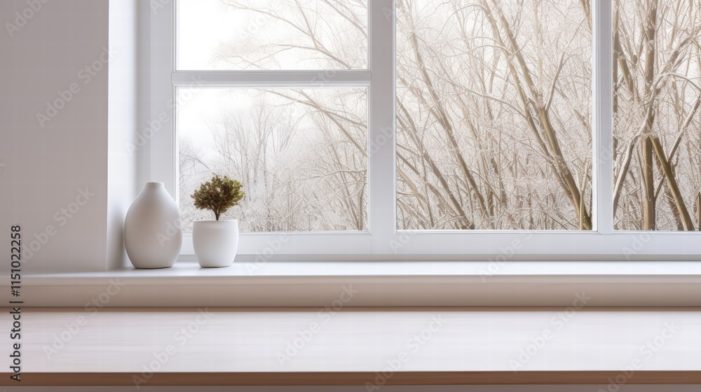 Poster close-up rear view of a minimalist window scene with decorative vases and frosted trees outside in a