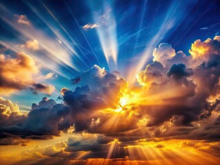 Obraz premium AI-generated sunburst wallpaper: heavenly light beams pierce a cloudy sky, digital art design.