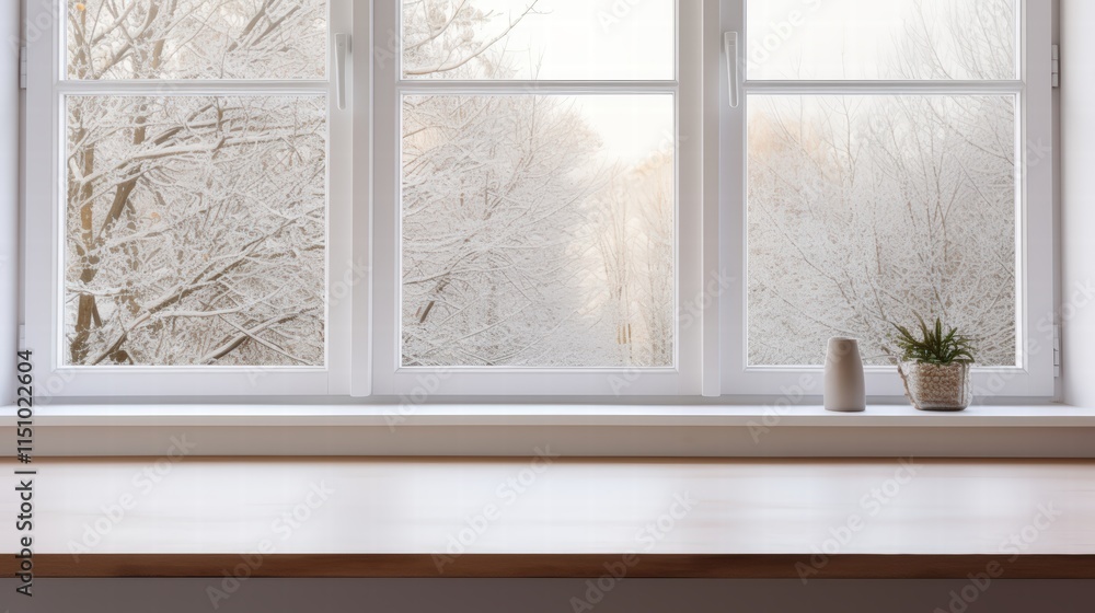 Poster close-up rear view of a winter landscape through a window with snow-covered trees and simple indoor 
