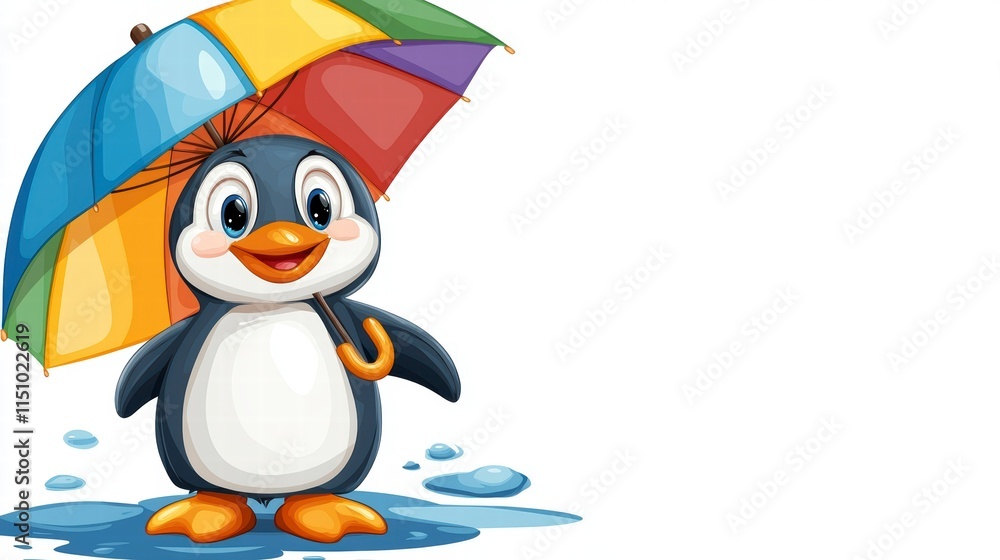 Poster penguin playing in the rain colorful umbrella animated character cheerful environment childlike conc