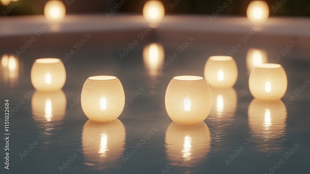 Poster softly glowing lanterns float on calm water, creating a serene and enchanting ambiance in a tranquil