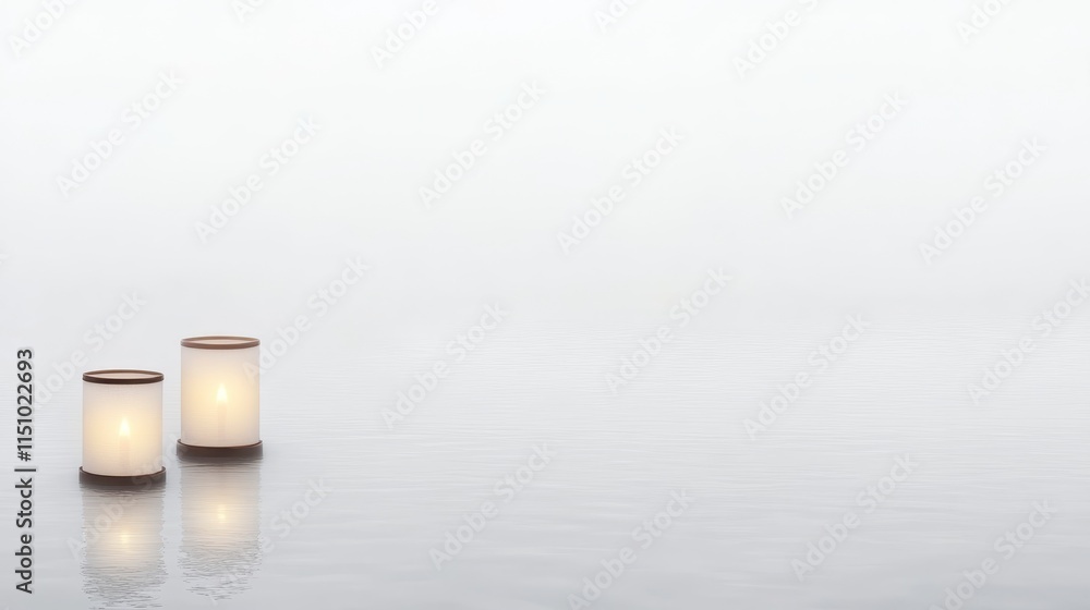 Poster two lit candles sit serenely on a reflective surface, creating a tranquil and minimalistic atmospher