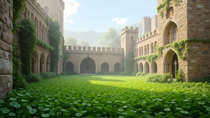 Fototapeta premium Breathtaking castle courtyard filled with green grass and ivy covered stone walls