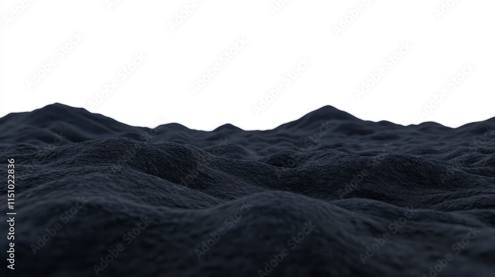 Poster a textured black landscape resembling rolling hills with a stark white background, creating a stark 