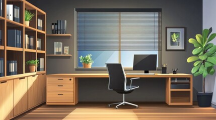 Modern home office with wooden desk, computer, and bookshelf.