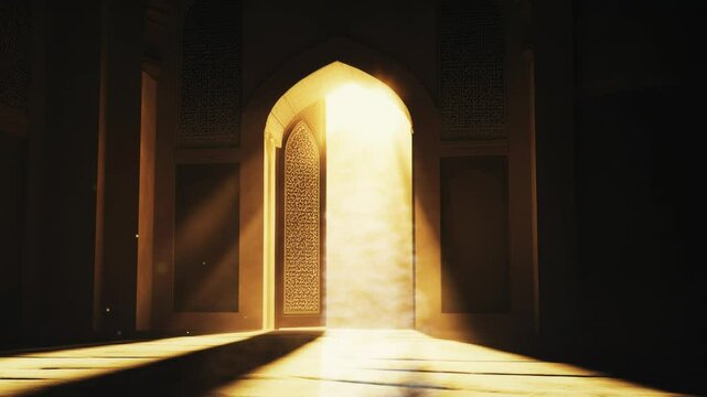 Islamic Ramadan background, radiant light emanating from an Islamic arch illuminating the dark mosque