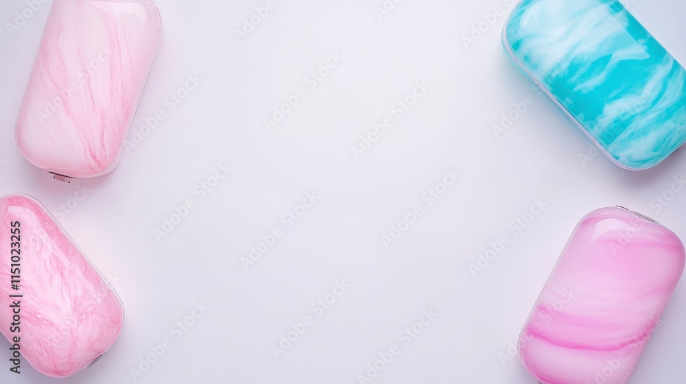 Poster four colorful marbled soap bars arranged around a white background, creating a visually appealing co