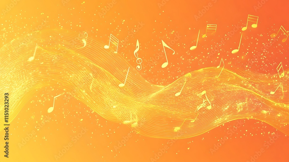 Poster music notes float on golden wave.