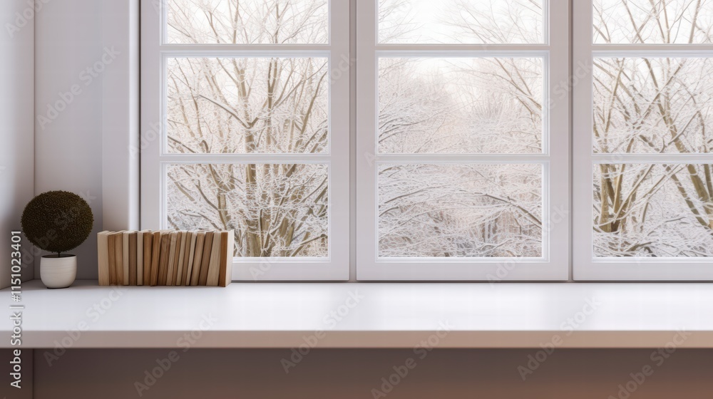 Poster serene winter scene through a window displaying snow-covered trees with a cozy indoor setting featur