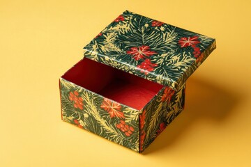 Opened Christmas gift box on yellow background 