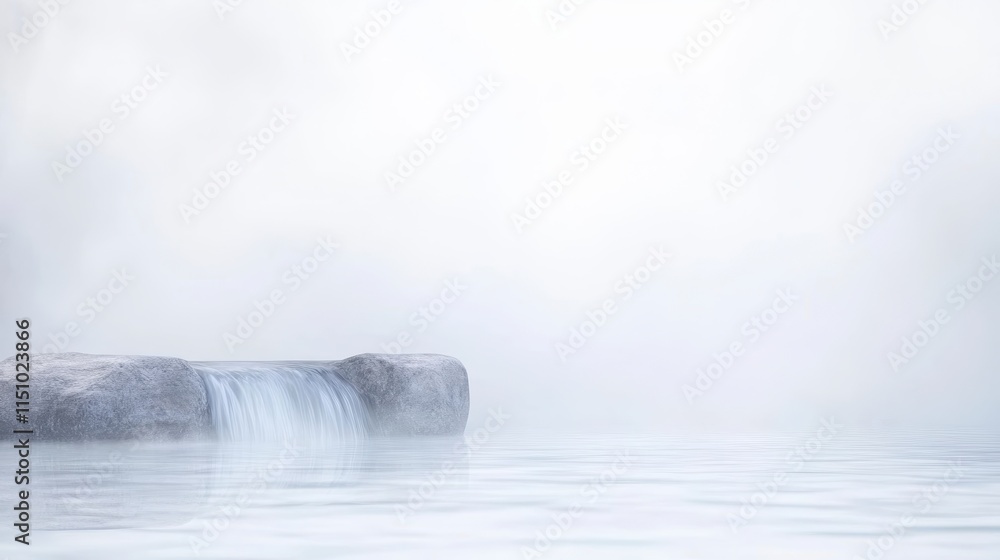 Poster a serene landscape featuring a misty waterfall cascading over a rock into calm waters, creating a tr