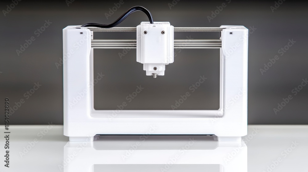 Poster a modern 3d printer showcasing a sleek white design, featuring a printing head and a spacious build 