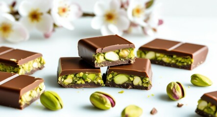 chocolate bars, pistachio nuts, white flowers, macro photography, food styling, vibrant colors, high detail, soft lighting, textured background, gourmet dessert, rustic elegance, shallow depth of fiel