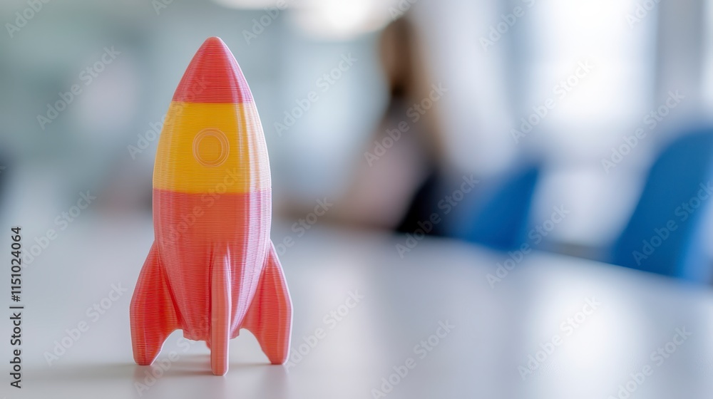Poster a colorful 3d-printed rocket model stands on a table, showcasing creativity and design in a modern w