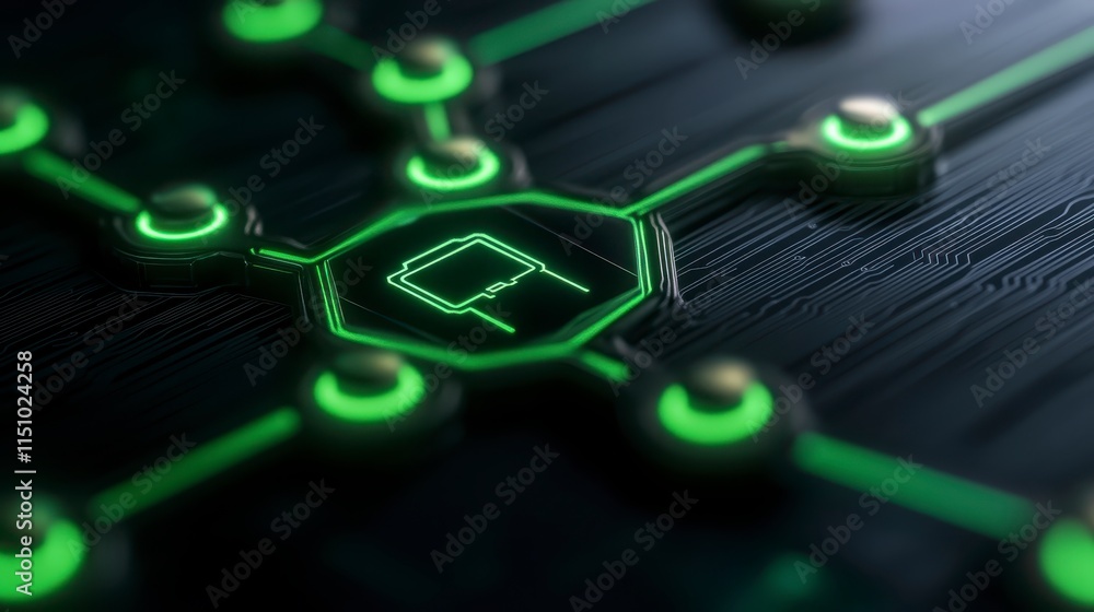 Poster a close-up image featuring a glowing green circuit design with interconnected nodes, highlighting a 