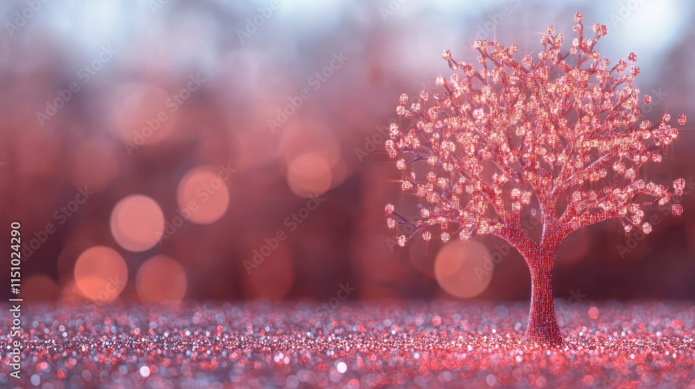 Poster a delicate pink tree stands alone amidst shimmering bokeh, creating a serene and enchanting atmosphe