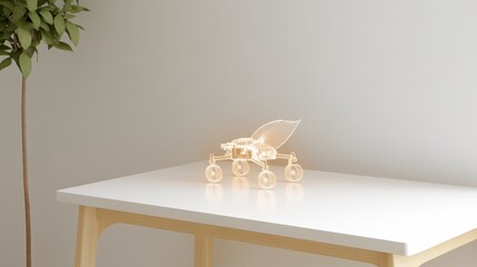 A minimalistic scene featuring a wooden table with a decorative toy vehicle and a potted plant against a light-colored wall.