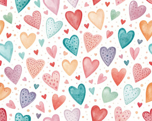 Valentine's Day Hand drawn cute endless chaotic background,seamless repeat vector pattern,Tiny watercolor hearts