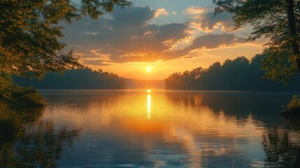 Obraz premium Sunset reflecting on calm lake, trees.