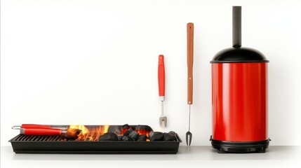 Fototapeta premium A modern grill setup featuring a charcoal grill, grilling tools, and a stylish red chimney starter against a clean white background.