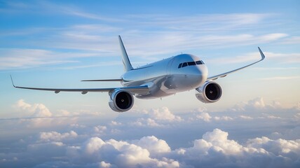 Fototapeta premium Commercial Passenger Airplane Flying Above the Clouds in Blue Sky