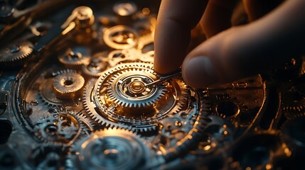 Fingers gently placing a small metallic gear into a clock mechanism, intricate brass and steel components glowing under warm lighting, faint antique tools visible in the background, cinematic focus,