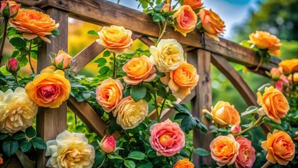Fototapeta premium Apricot, salmon, and yellow Barock rose blooms climb a trellis, captured in a double exposure.