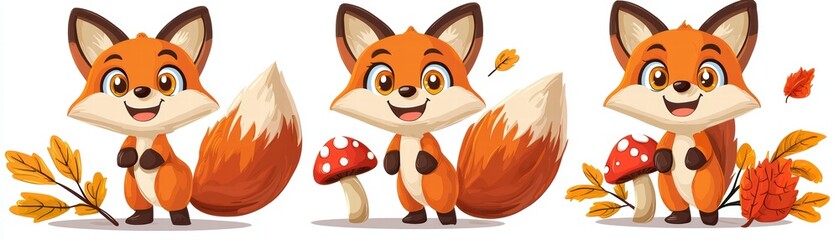 Playful fox characters among autumn leaves and mushrooms cartoon style whimsical forest environment cheerful perspective
