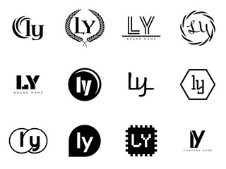 LY logo company template. Letter l and y logotype. Set different classic serif lettering and modern bold text with design elements. Initial font typography.