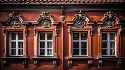 Fototapeta premium A square format captures a symmetrical orange house, its bas-relief details and windows showcased in architectural photography.
