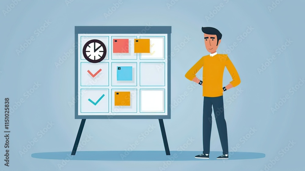 Poster a vector illustration of a project manager standing next to a kanban board and a clock.
